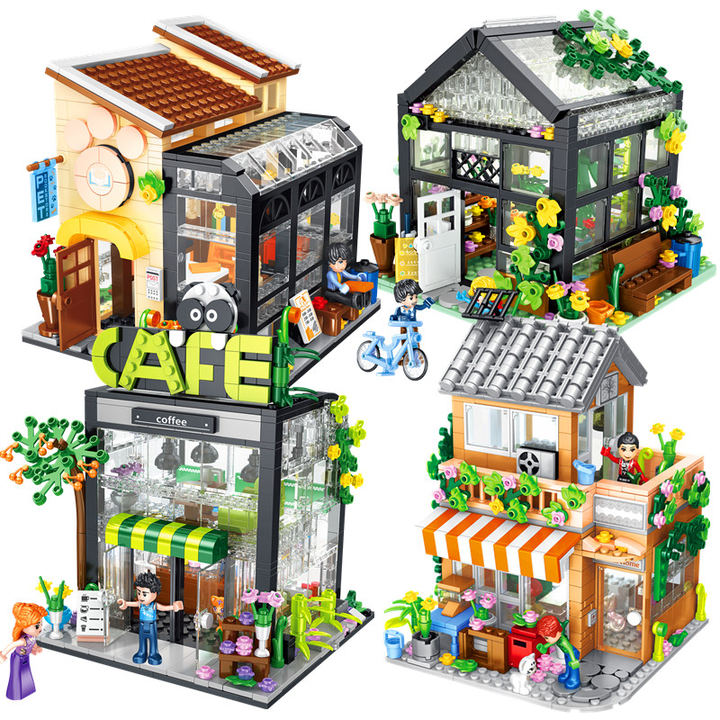 中国积木花店咖啡厅女孩益智拼装玩具灯光版街景城市房子儿童礼物