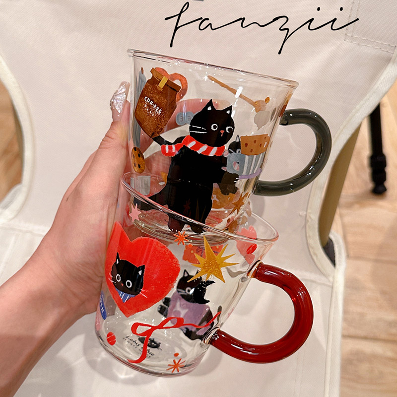 WOL HOME小黑猫玻璃杯带把手高硼硅玻璃杯耐热水杯牛奶早餐茶杯子