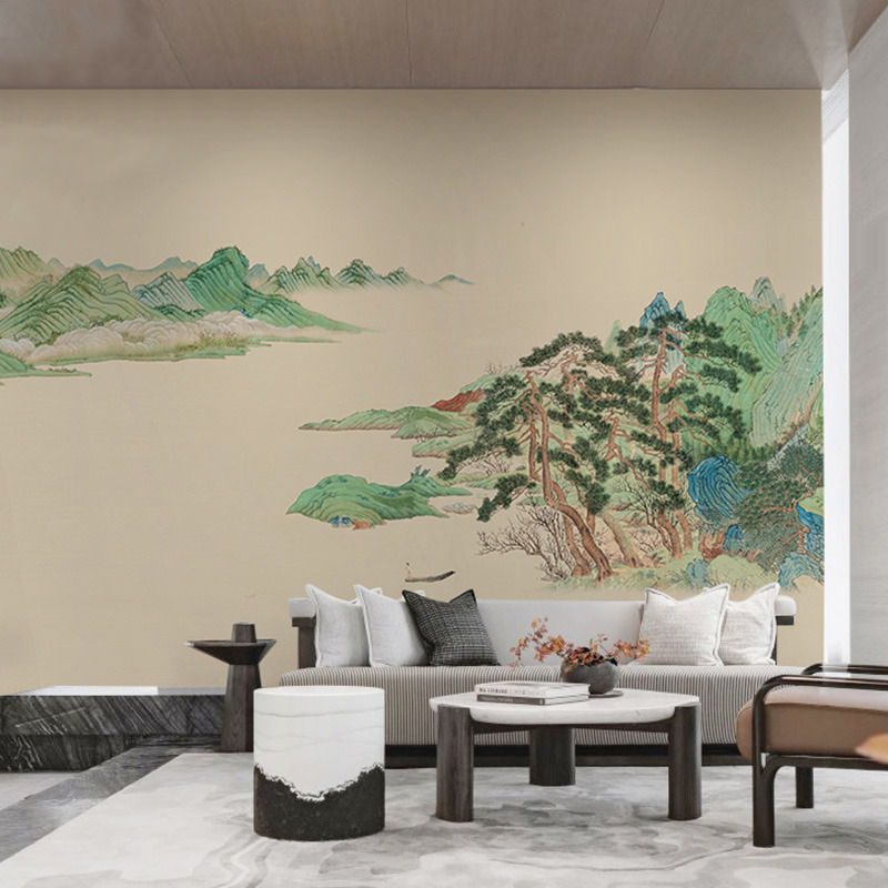 新中式典雅青绿山水沙发背景墙布壁纸卧室墙纸壁布环保无纺布壁画