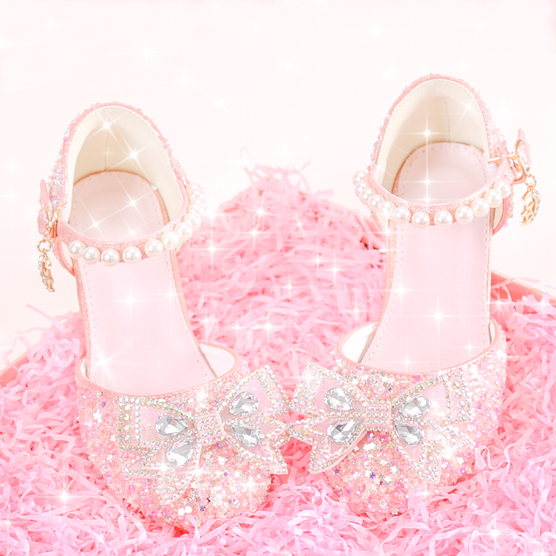 高档巴拉-巴拉儿童高跟鞋女公主舞台演出配礼服女童鞋子水晶珍珠