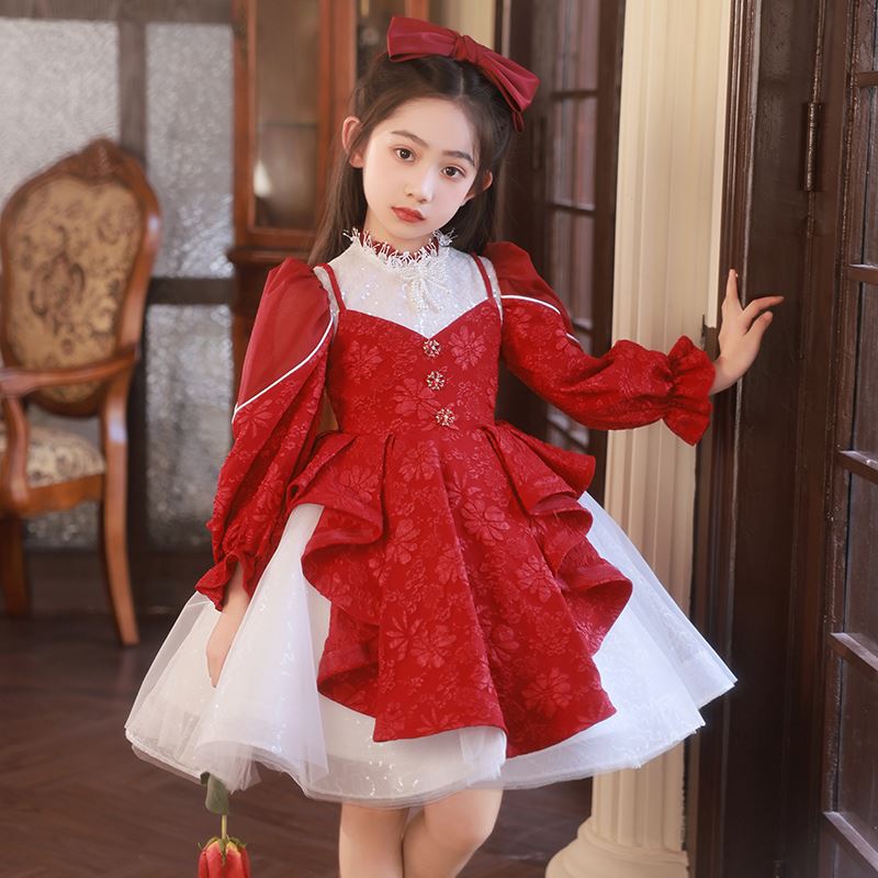 童长袖高端演奏儿童礼服女红色钢琴公主裙小女孩演出服生日主持人