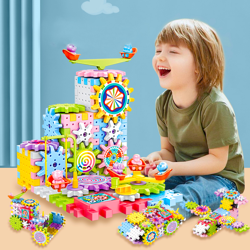 百变电动积木齿轮旋转玩具益智拼装千变宝宝轨道车男孩3岁6大颗粒