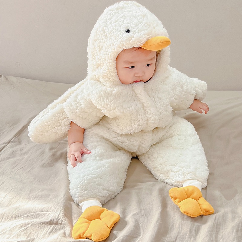 冬季宝宝加厚棉服新生儿外出加绒连体衣保暖婴儿小鸭子羊羔绒睡袋