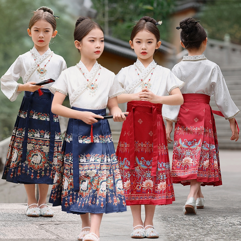 2024新款马面裙套装女童中国风古装儿童汉服中大童国风唐装项链