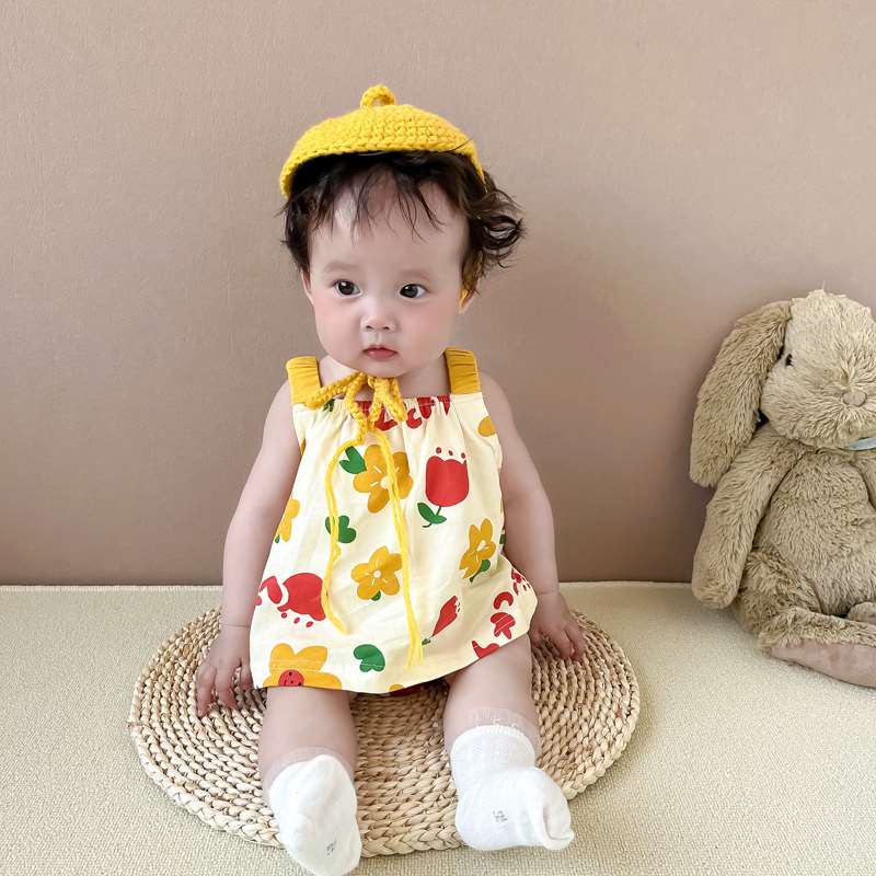 ins2022夏季韩版婴儿可爱卡通花朵吊带上衣+面包裤女宝宝2件套装