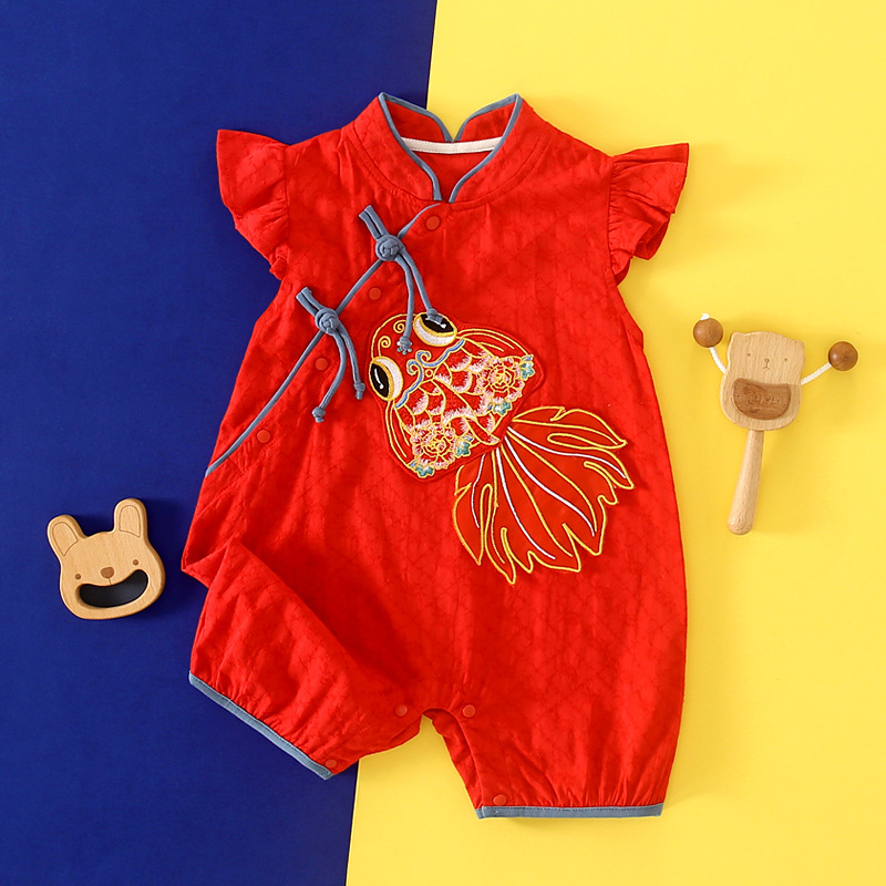 婴儿哈衣女宝连身衣夏季装红色连体衣周岁礼服百天抓周中国风6253