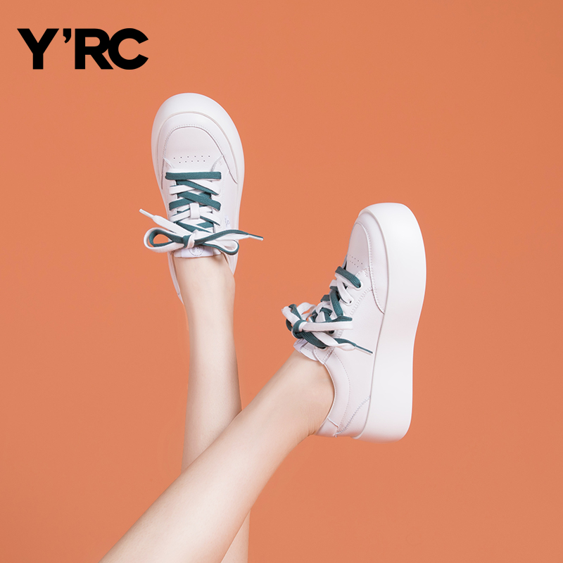 YRC厚底休闲面包鞋小白板鞋2023牛皮双色鞋带平底圆头甜美休闲鞋