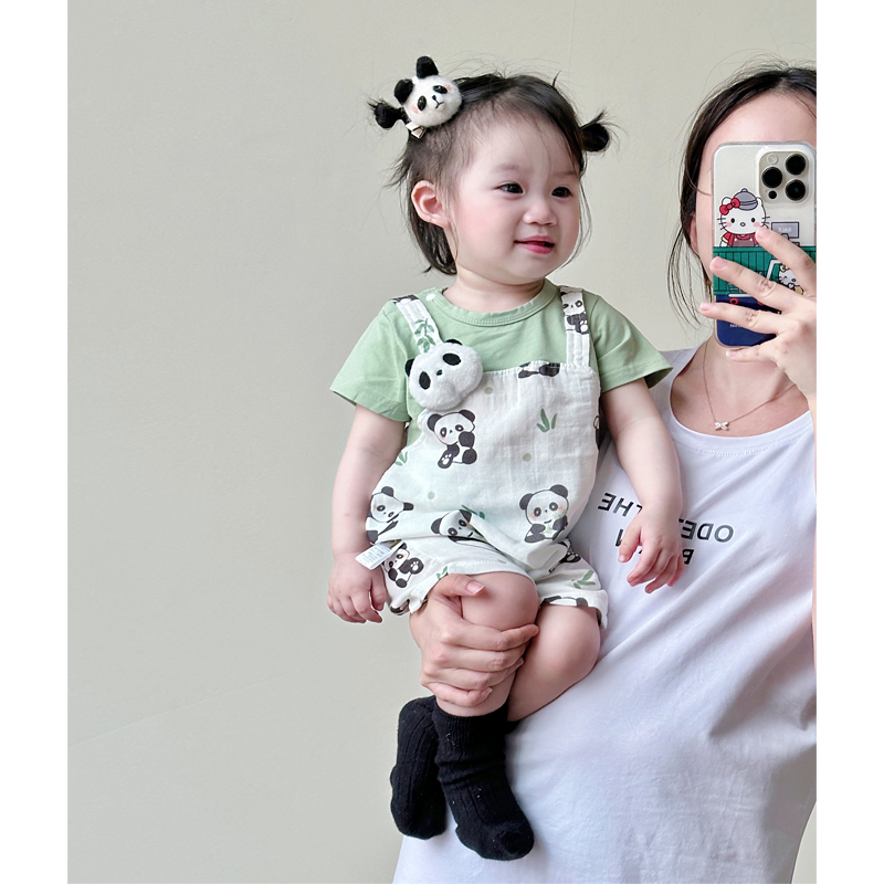 婴儿连体衣夏季新款韩版新生儿女薄款熊猫假两件短袖包屁哈衣爬服