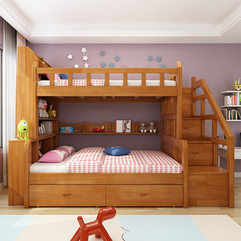 橡胶木儿童上下床实木高低床小户型多功能双层子母床儿童床书架床
