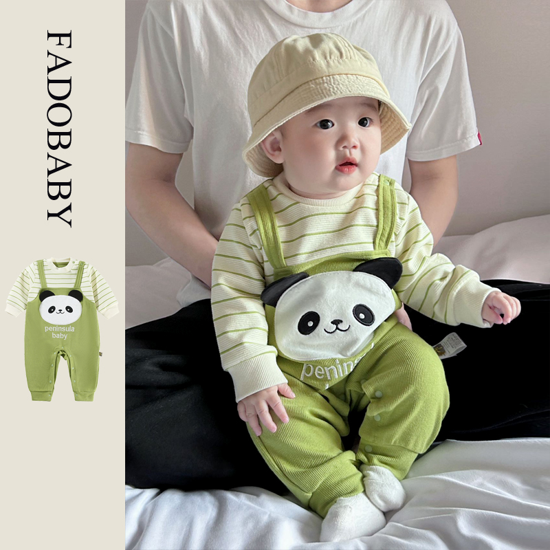 2024春装新款婴儿熊猫背带假两件连体衣新生儿宝宝可爱爬服外出服