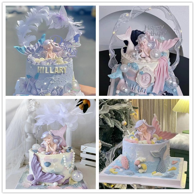 唯美海洋主题公主仙女蛋糕装饰美人鱼尾巴插件女孩生日甜品台摆件