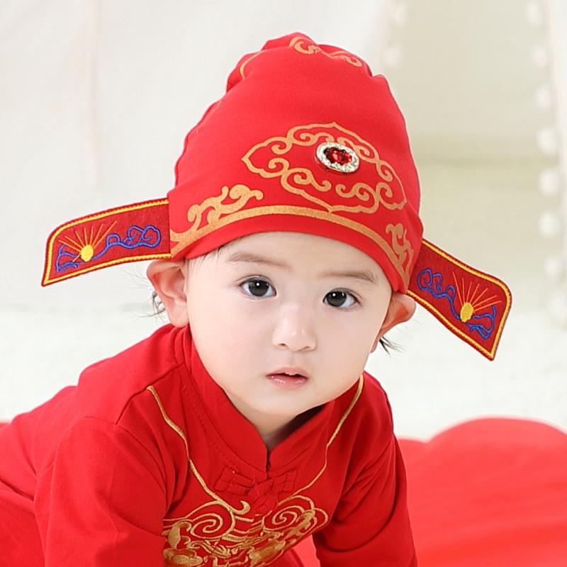 儿童帽子状元帽夹双层中国红新生宝宝帽子婴儿秋冬春夏棉胎帽1901