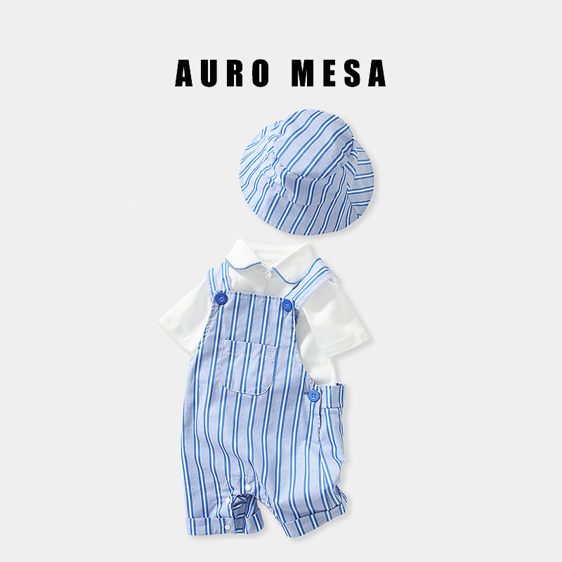 AuroMesa夏季新款男宝短袖背带裤套装婴儿外出帅气三件套配遮阳帽