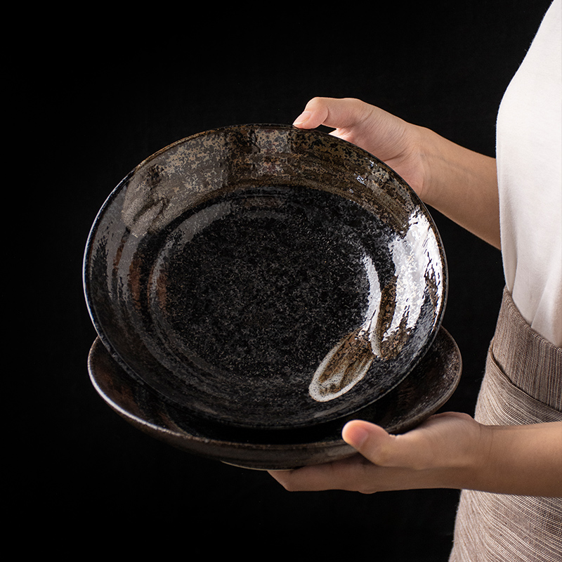 波佐见粗陶大菜盘家用日本进口陶瓷餐具平盘岩石纹餐具复古餐盘子