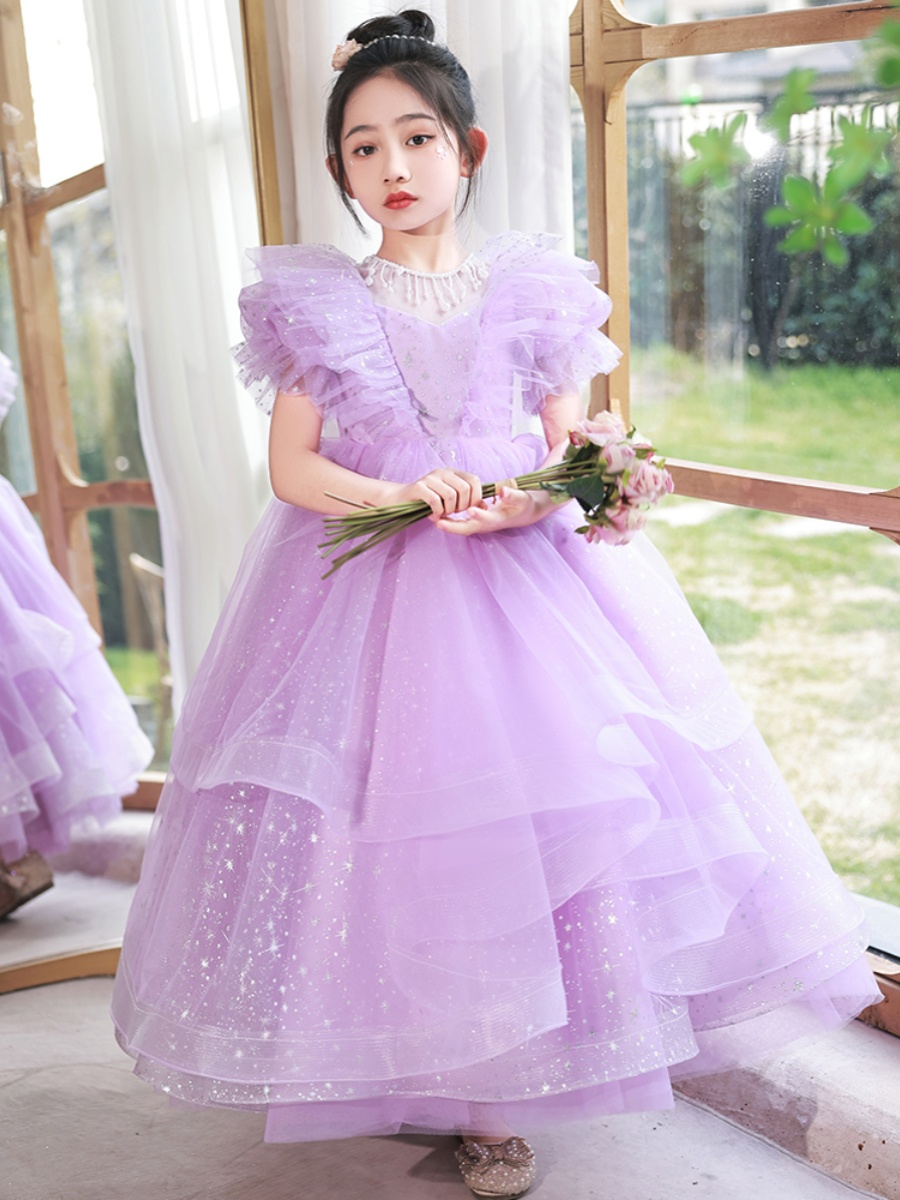 新品女童晚礼服高端轻奢小众小女孩生日公主裙紫色长裙儿童主持演
