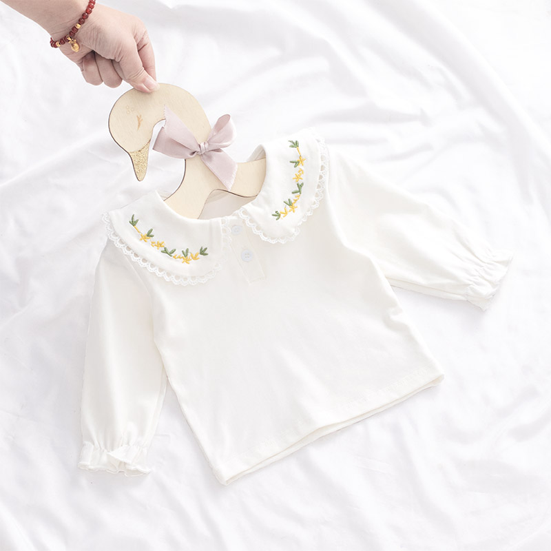 女童打底衫纯棉新生婴儿T恤长袖宝宝衬衣公主白色绣花翻领娃娃衫