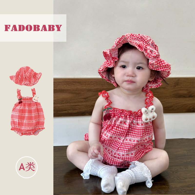 婴儿女夏季哈衣新生儿甜美格子花朵无袖吊带连体衣薄款衣服送帽子
