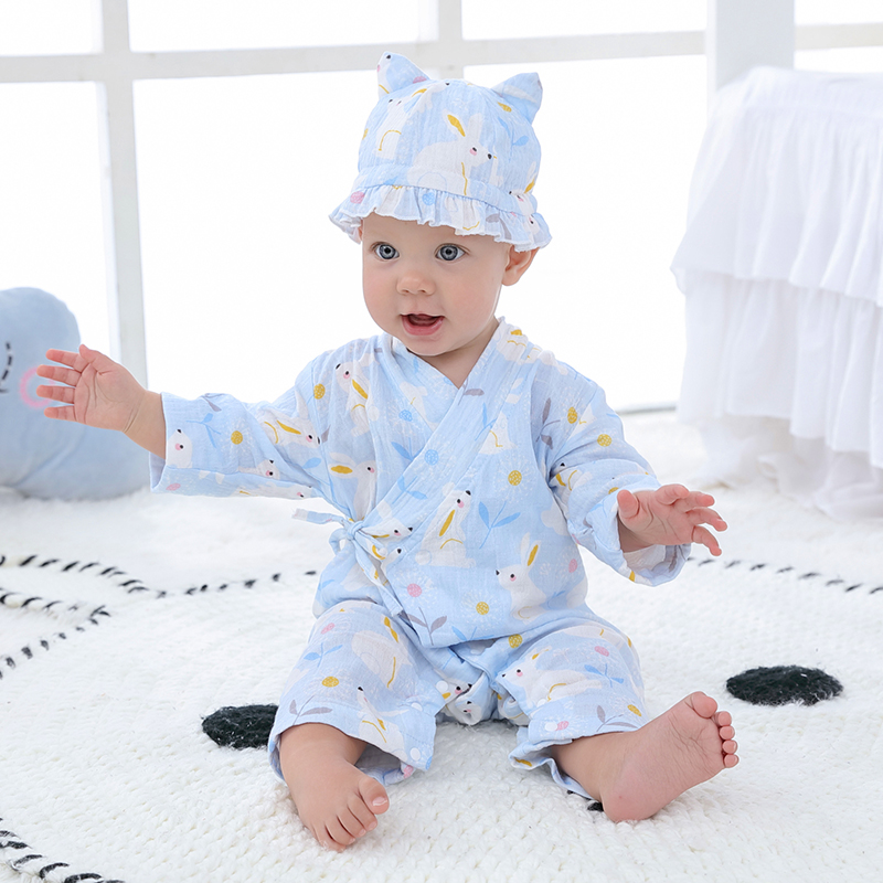 婴儿连体衣春夏薄款宝宝纯棉纱布长袖系带哈衣新生儿和尚服护肚子