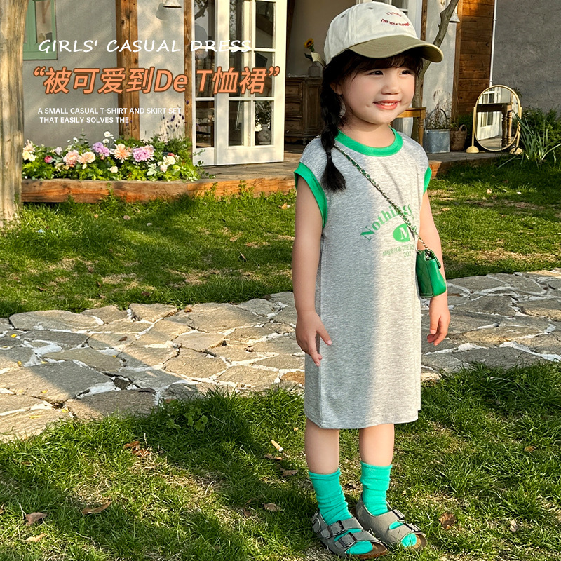 巴拉巴柆儿童新款洋气女童字母印花连衣裙吊带裙韩版背心裙潮长款