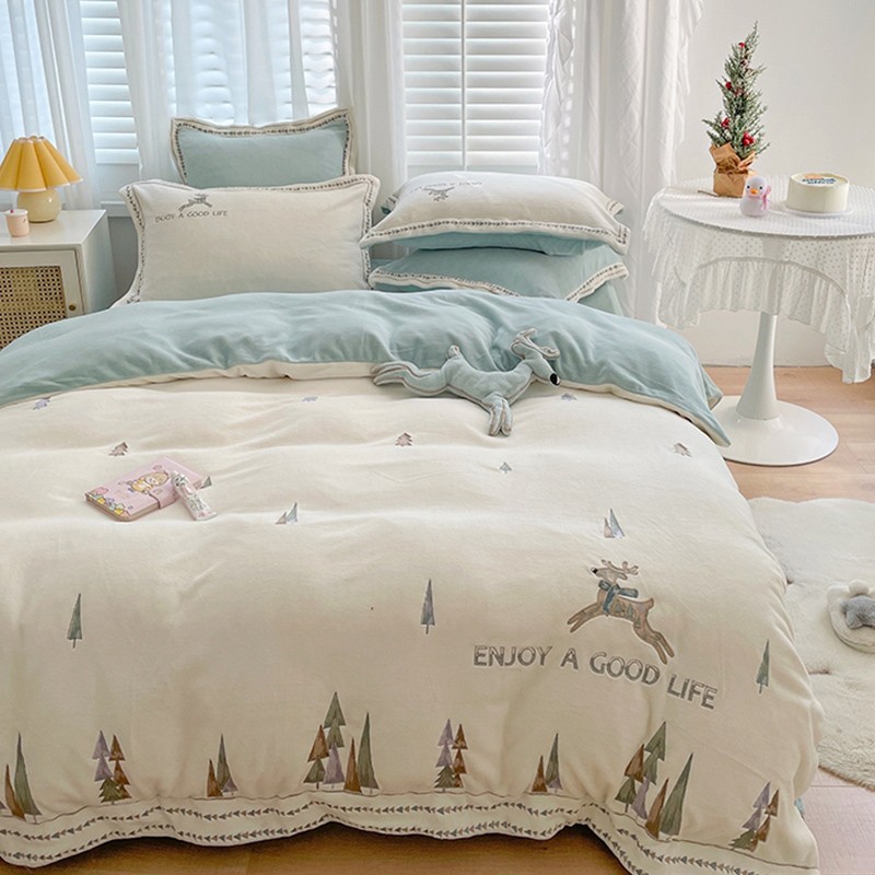 高档保暖牛奶绒四件套加厚刺绣松林小鹿被套床单双人床笠床上用品