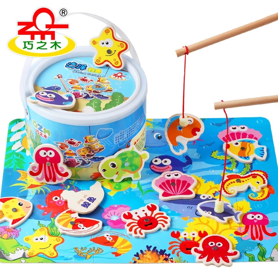 木制桶装宝宝磁性钓鱼带拼图1-3岁幼儿双杆海洋钓鱼儿童益智玩具