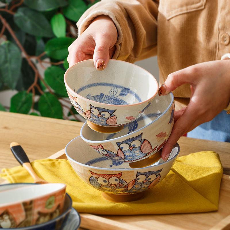 日本制 釉下彩饭碗单个 美浓烧陶瓷 亲情款亲子碗 童趣可爱米饭碗