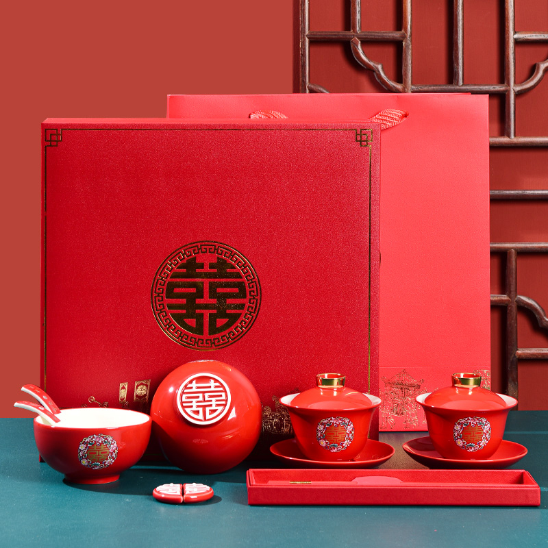 花开富贵结婚敬茶杯套装红色陶瓷改口茶杯喜碗筷两对新人婚礼用品