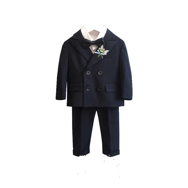 男童黑色条纹小西装儿童礼服马甲三件套2022新款英伦花童西服套装