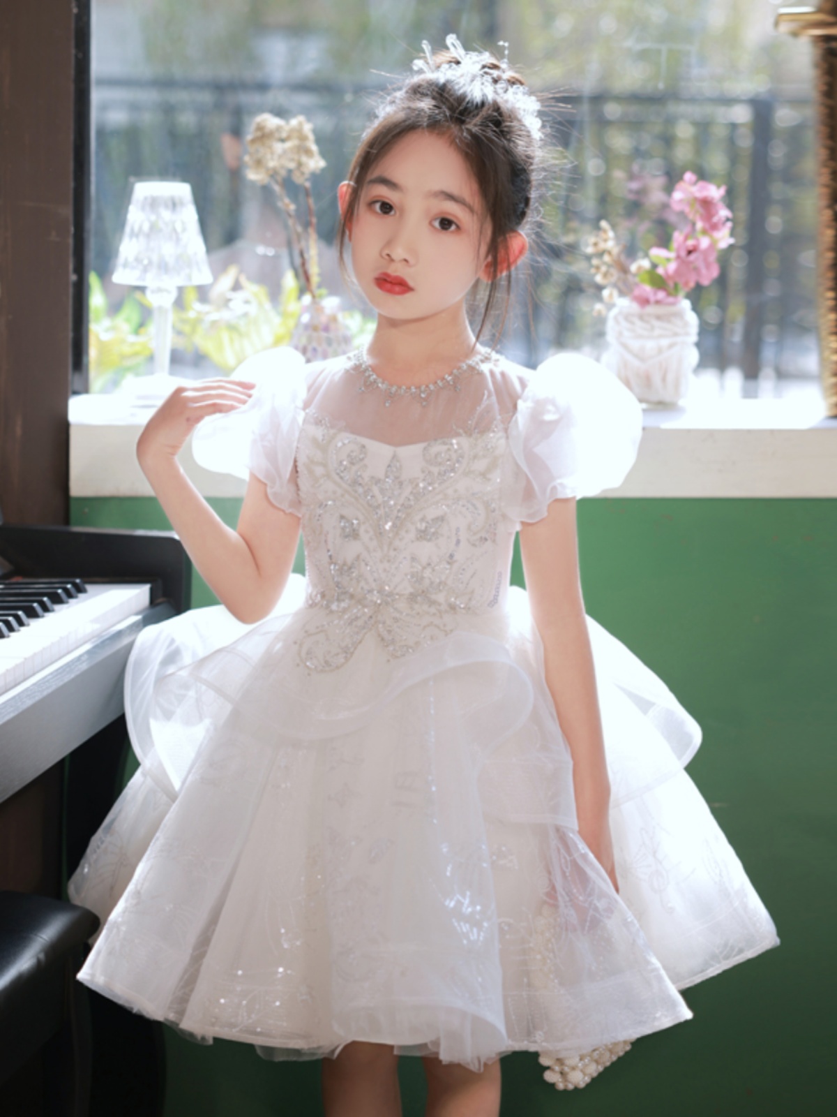白色儿童礼服女公主裙高端大童晚礼服小女孩主持人钢琴演奏演出服
