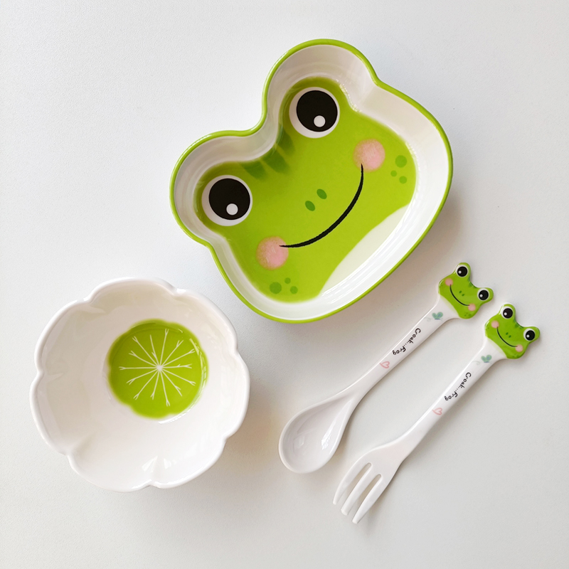 希尔宝宝辅食小碗婴儿童便携密胺盘子吃水果零食餐碟叉勺青蛙餐具
