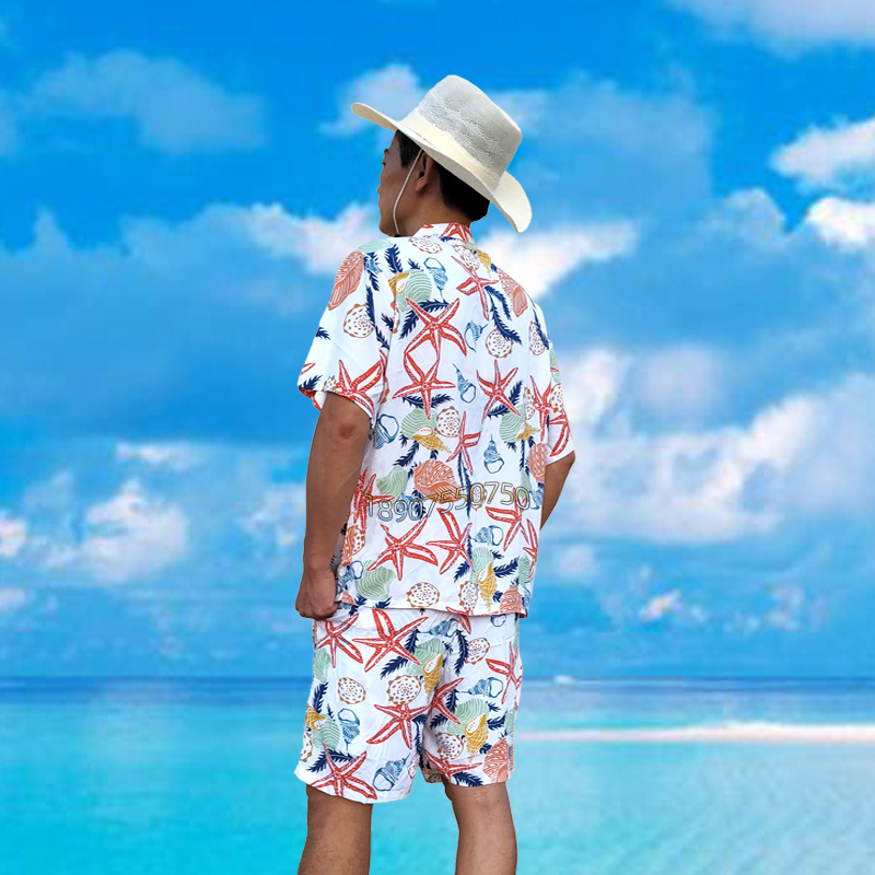 海南岛服人造棉吸汗居家衬衫短袖印花沙滩休闲旅游宽松情侣度假