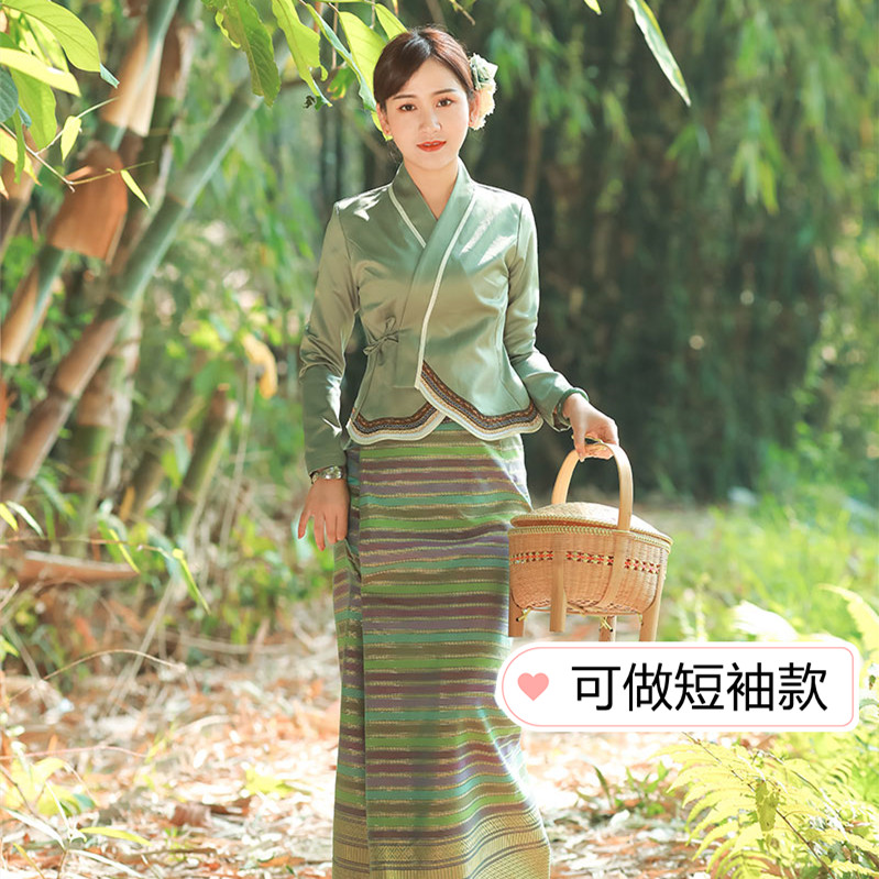西双版纳傣族服装 传统傣族服饰 泰国条纹裙 经典豆沙绿 秋季新款