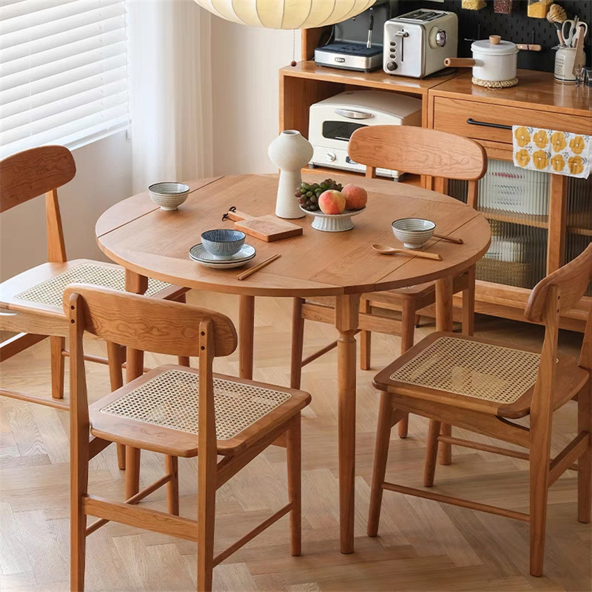 财富家具现代简约樱桃木餐桌日系小户型实木圆桌折叠家用饭桌方桌