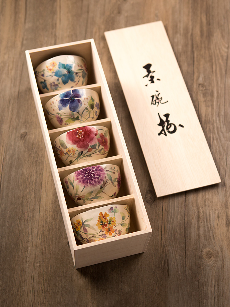 日本ceramic蓝美浓烧日式和风手工家用五彩陶瓷米饭碗汤5个礼盒装