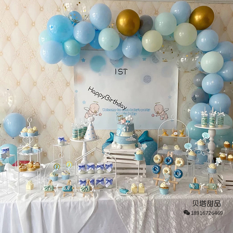 男宝周岁满月生日甜品台定制蓝色双层动物奶油生日蛋糕小甜点上海