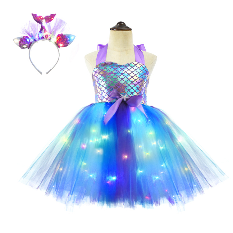 女童连衣裙套装美人鱼LED发光头箍裙子派对公主裙万圣节服装tutu