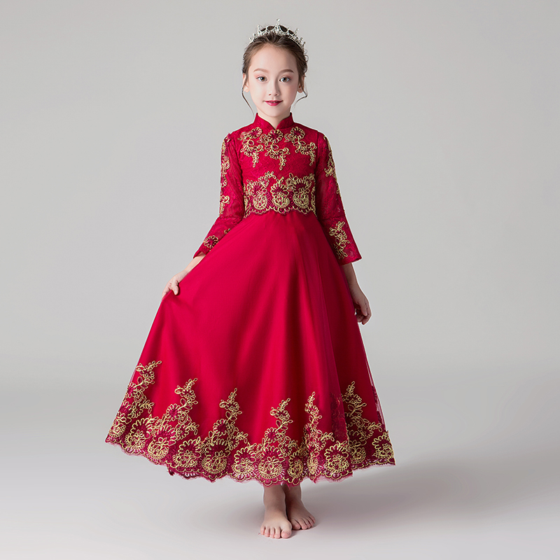 定制儿童礼服公主裙女童蓬蓬纱红色中式小女孩花童钢琴演出服长袖