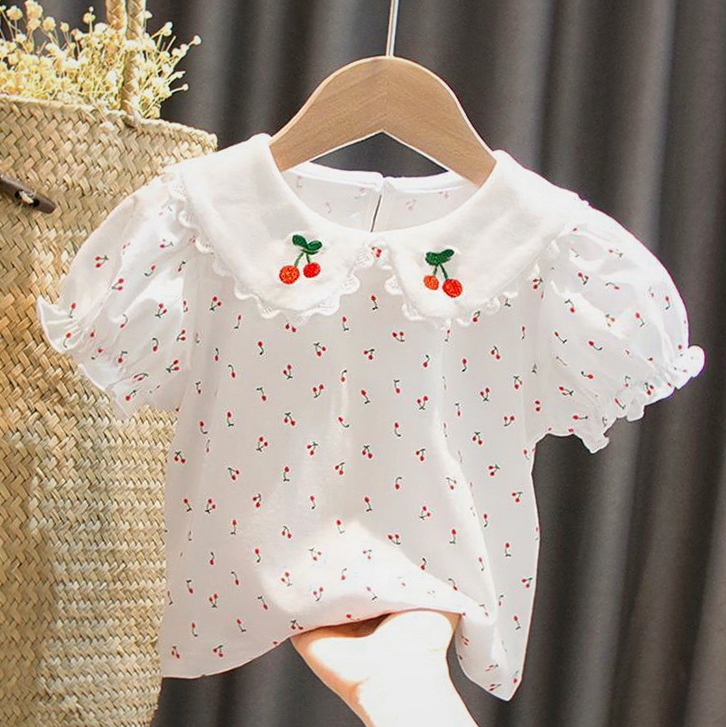 夏装新款宝宝婴幼儿韩版娃娃领1-4岁时尚小樱桃打底衫上衣短袖T恤