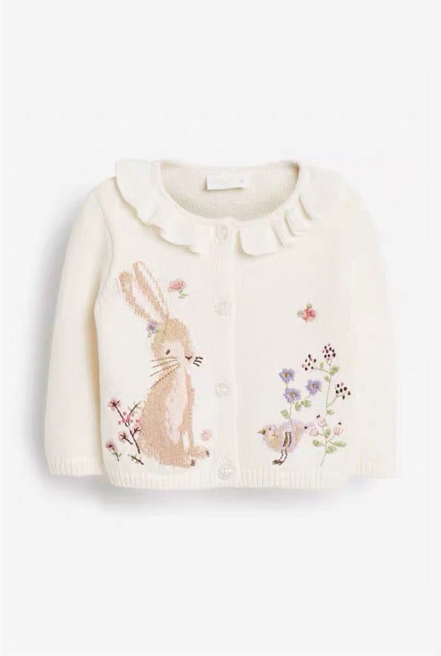 女童兔子刺绣荷叶娃娃领纯棉毛衣针织开衫宝宝棉线洋气90-140码