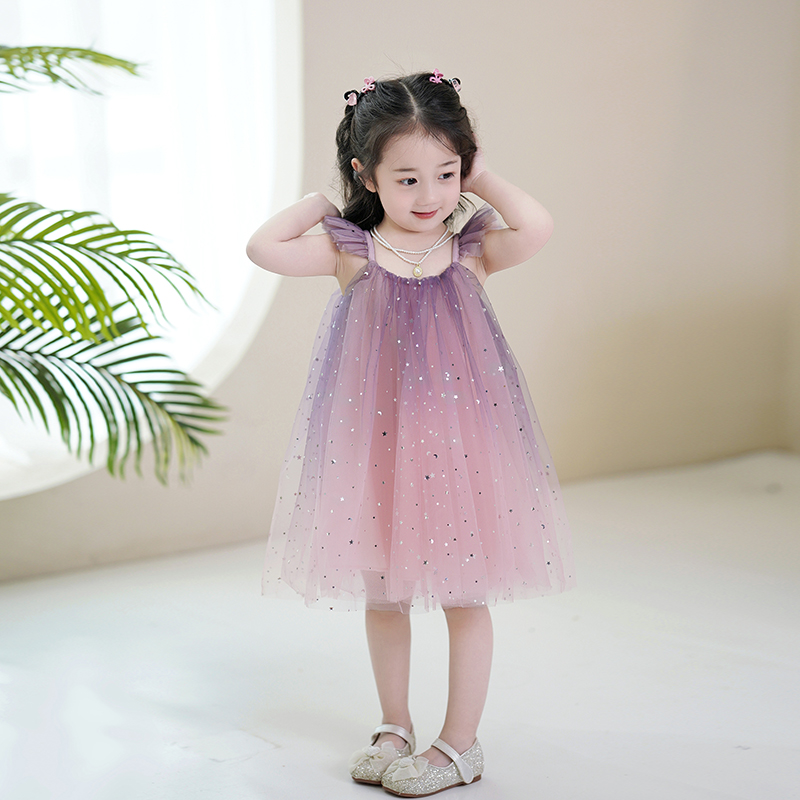 女宝春装2024新款紫色短袖时髦洋气连衣裙中大童高端小众精致礼服