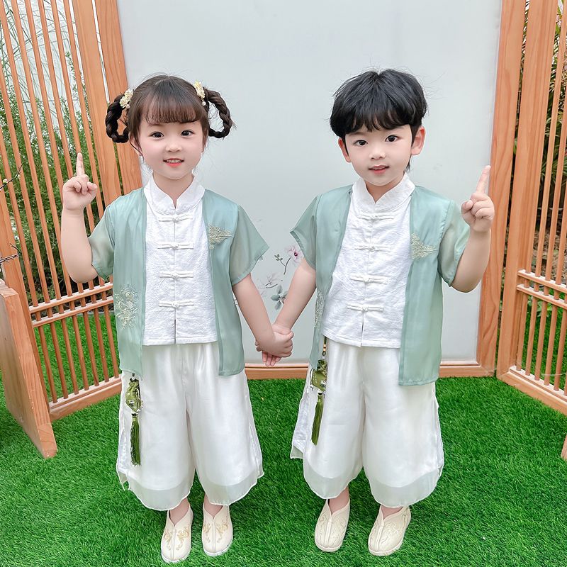 儿童汉服男童唐装演出服中国风短袖套装超仙幼儿园古装演出服夏季