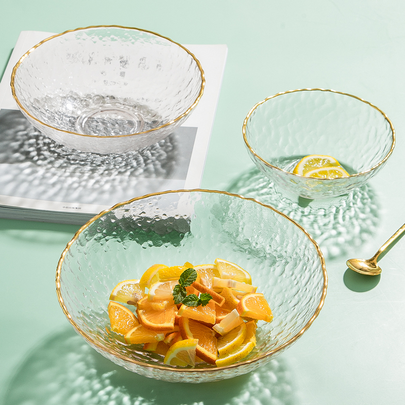 金边玻璃碗沙拉碗日式透明甜品碗家用大号创意餐具个性大碗水果碗