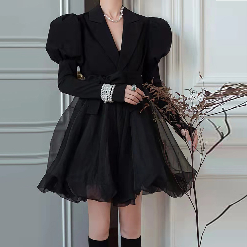 泰国潮牌2024春季设计感时尚经典网纱拼接设计感收腰黑色西装外套