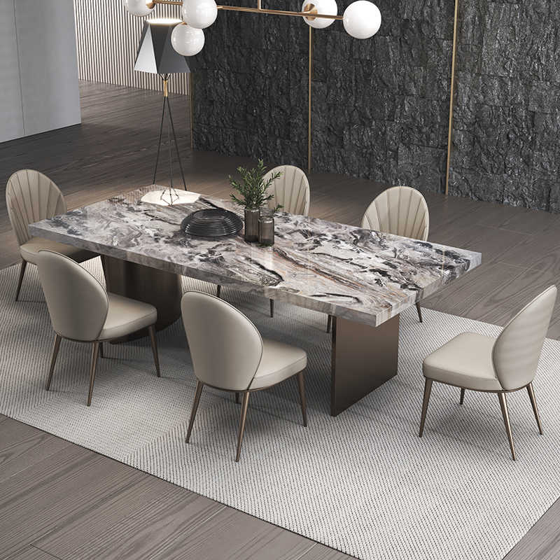 威尼斯棕大理石餐桌椅组合现代简约长方形家用亮光意式奢石餐桌