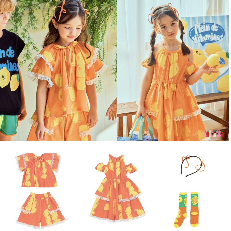 韩国童装ins风婴儿宝宝男女童橙色柠檬花边荷叶套装
