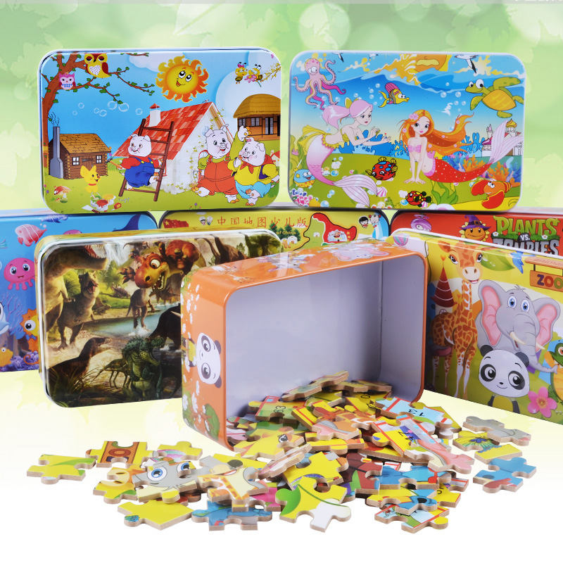 100片铁盒儿童拼图3-4-6-7-8周岁宝宝益智力男女孩积木质积木玩具