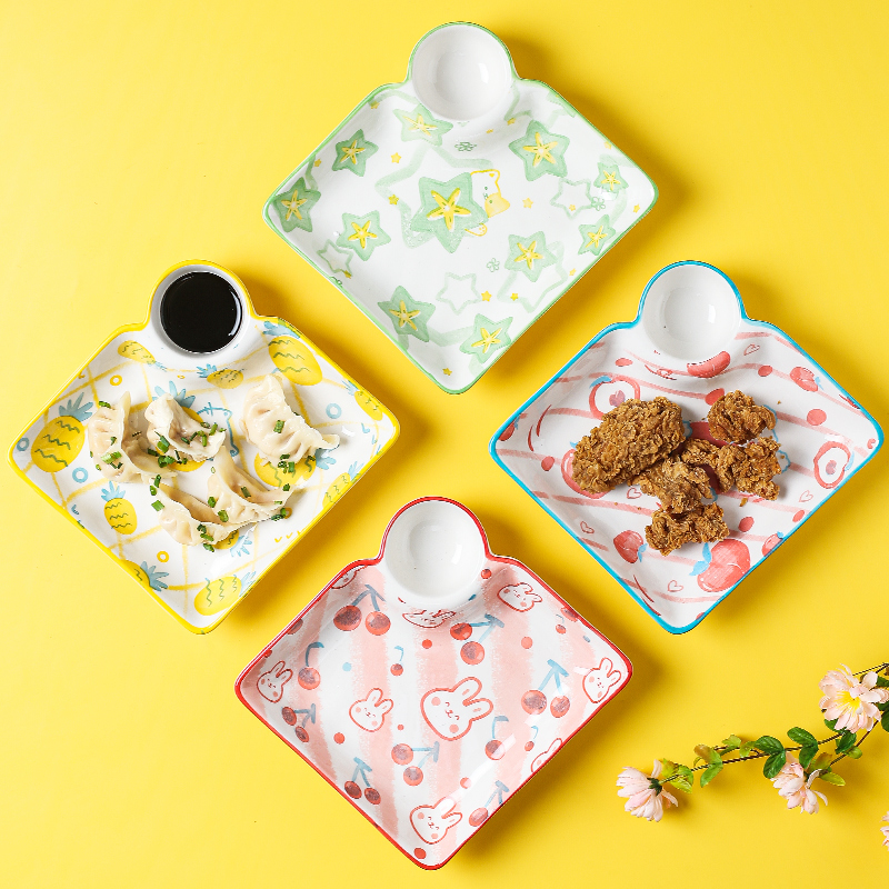 可爱创意方形饺子盘子带蘸料碟个性家用陶瓷早餐盘儿童薯条碟子