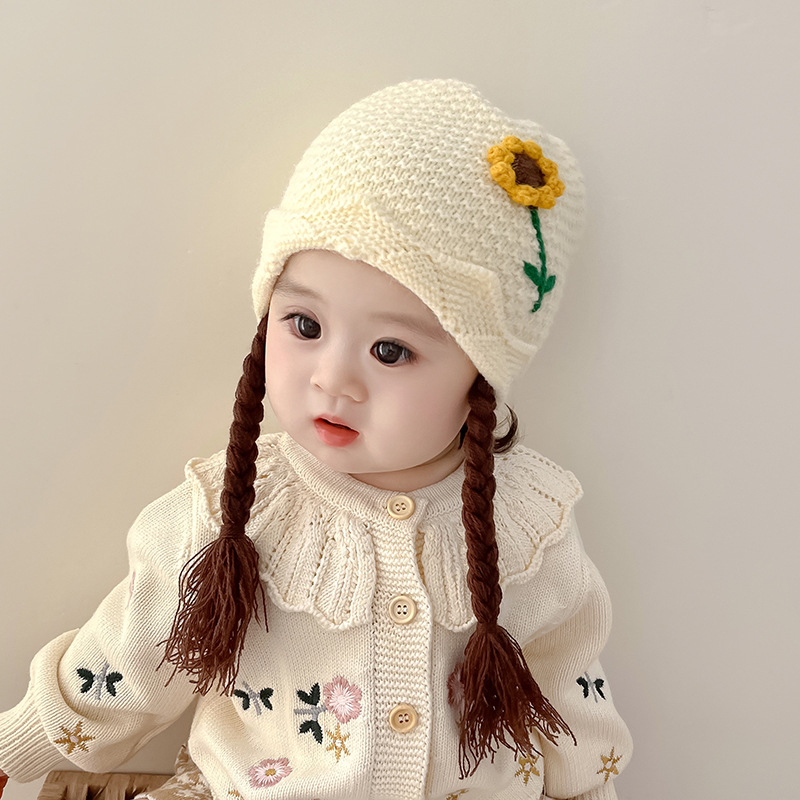 毛线帽子婴儿假发帽辫子1一岁女宝宝针织帽秋冬季女孩冬天款女童2