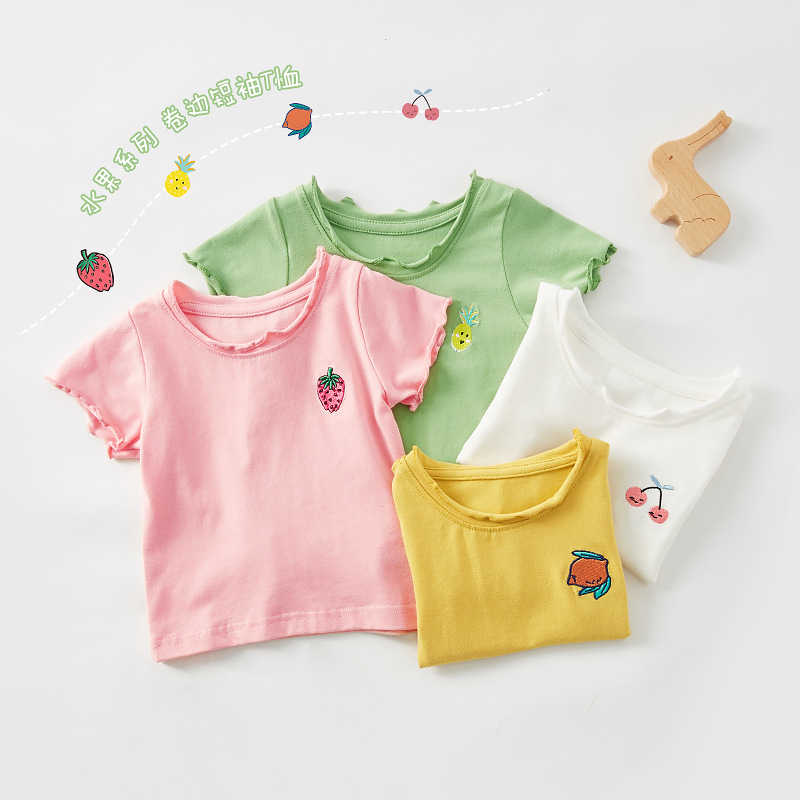宝宝卷边短袖T恤夏季男婴幼儿体恤6个月女童上衣纯色婴儿衣服夏装