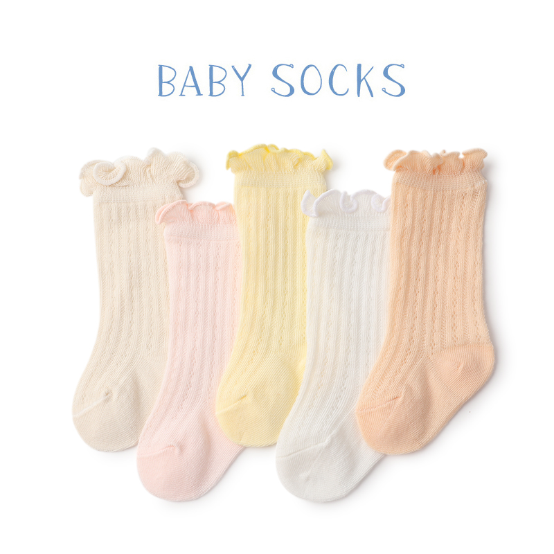 婴儿袜子夏季纯棉网眼超薄款女宝宝松口中筒袜儿童公主花边长筒袜